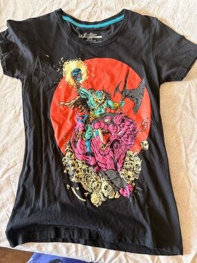 Threadless Black Tee with Pink, Red, Blue and Cream Graphic Alexis Ziritt